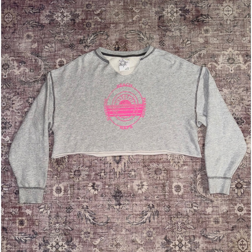 OFFLINE by Aerie Gray Cropped Cutoff Graphic Oversized Sweatshirt Beach Medium